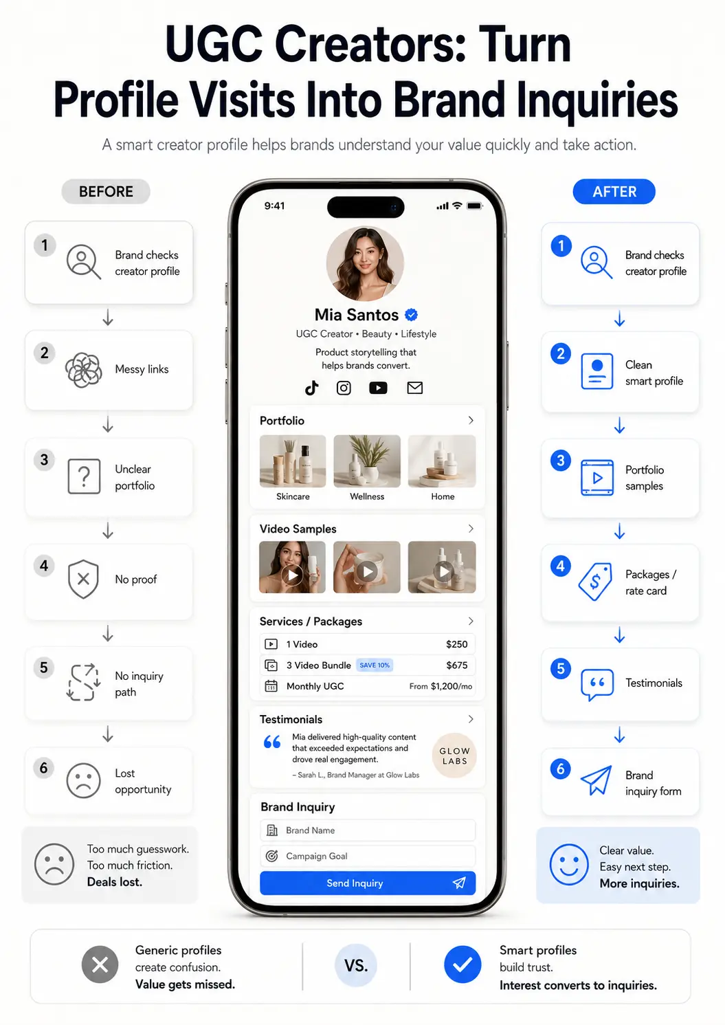 UGC Creators: Turn Profile Visits Into Brand Inquiries before and after creator workflow infographic
