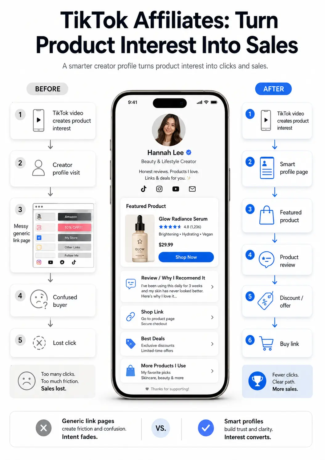 TikTok Affiliates: Turn Product Interest Into Sales before and after creator workflow infographic